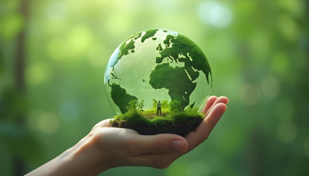 Human hands holding green earth globe on blurred nature background. Ecology conceptの写真素材