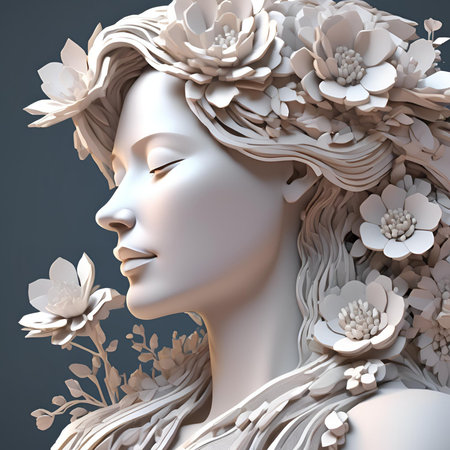 3d rendering of a female face with white flowers in her hair