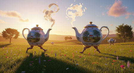 Tea pot on meadow with flowers and clouds. 3d renderの素材