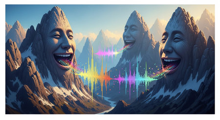Digital composite of 3D people in front of mountains and soundwaveの素材