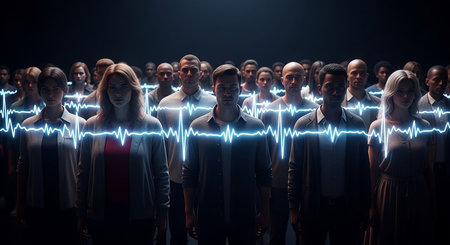 Multiethnic group of businesspeople standing in front of a large group of peopleの素材