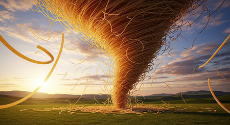 Conceptual image of tornado destroying a field with grass at sunsetの素材
