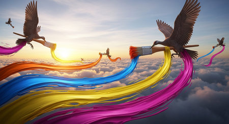 Colorful paint splashes with birds flying in the sky. 3D renderingの素材