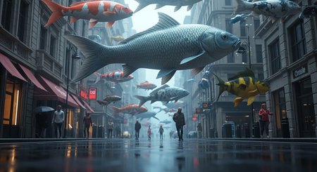 Fishes in the city, 3d rendering. Computer digital drawing.の素材