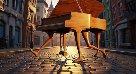 Grand piano on the street of the old town. 3d renderの素材