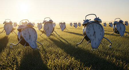 3d rendering of a group of alarm clocks running in the fieldの素材