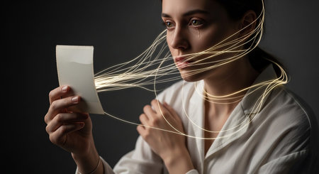 Portrait of a young beautiful woman in a white shirt holding a piece of paper.の素材