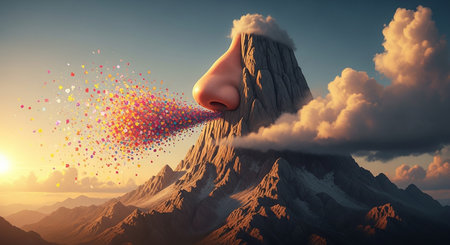 Surrealistic 3d rendering of a flying pink piggy bank on the top of a mountainの素材