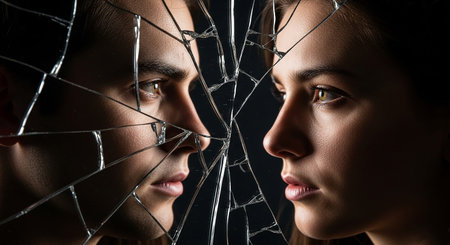 Portrait of young man and woman in a broken glass on black backgroundの素材
