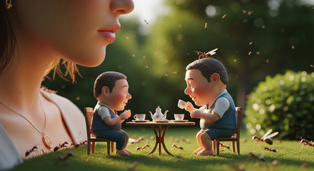Mother and son playing chess in the garden. 3d rendering.の素材