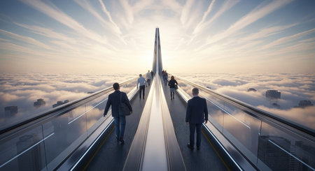 Business people walking on escalator in the foggy city. 3d renderingの素材