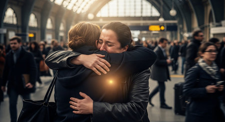 Couple in love hugging and kissing at the railway station in Milan, Italyの素材