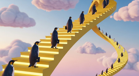 Conceptual 3D business people climbing a stair over sky backgroundの素材