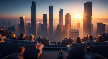 Crowd of people sitting in front of a big city panoramaの素材