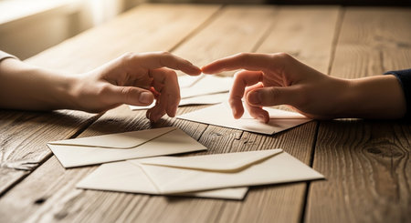close up of woman and man hands with envelopes on wooden tableの素材