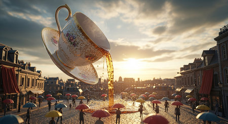 Tourists in front of the fountain in the center of Amsterdam at sunset.の素材