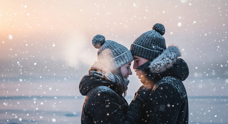 Couple in love hugging and looking at each other on snowy winter beachの素材
