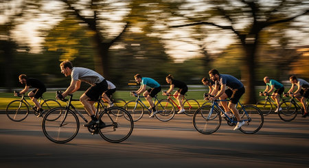 Group of cyclists on a road in the city at sunset, motion blurの素材