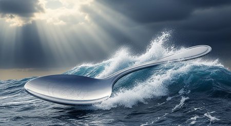 Spoon in the ocean with a stormy sky. 3d renderの素材