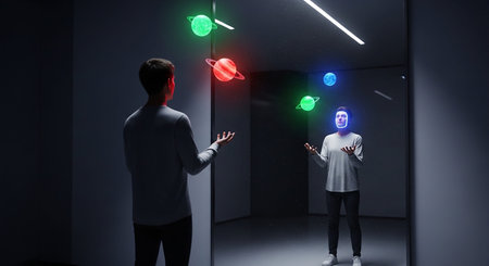 Man looking at hologram with question mark on it. Mixed mediaの素材