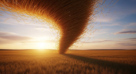 3d render of wheat ears in the field at sunset time.の素材