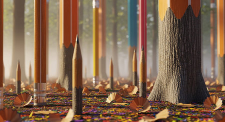 3d render of pencils in the forest with wooden shavingsの素材