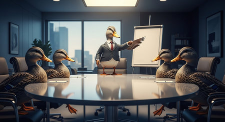 Businessman and ducks in a meeting room. 3d rendering.の素材
