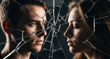 young man and woman looking at each other through broken glass on black backgroundの素材