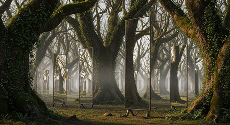 Old oak trees in a mysterious misty forest. 3D renderingの素材
