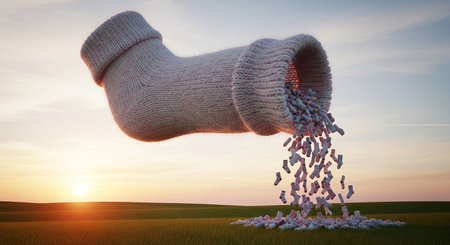 3d render of knitted socks on a green field at sunsetの素材