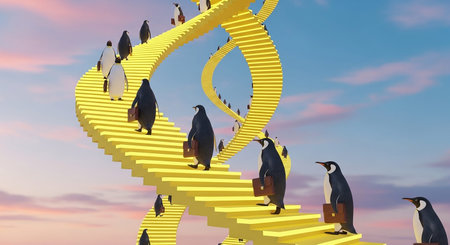 3D rendering of a group of penguins climbing a stairway at sunsetの素材