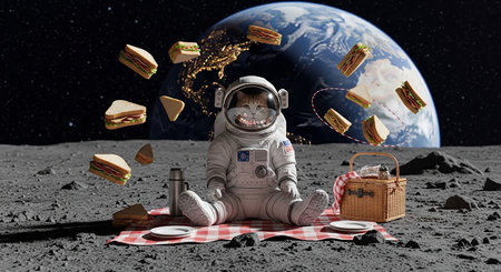 Astronaut sitting on a checkered plaid and eating sandwich.の素材
