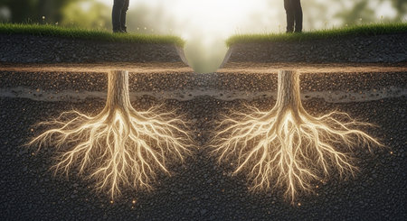 Human body with roots on asphalt road, 3d rendering. Computer digital drawing.の素材