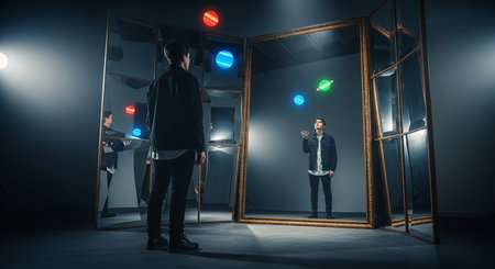 Young businessman standing in front of a mirror and looking at his reflectionの素材