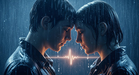 Double exposure of young couple in love under rain with electrocardiogramの素材