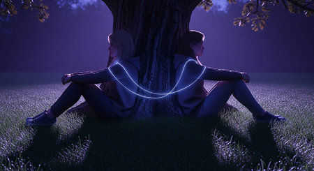 Young couple sitting under a tree in the park at night with a blue light.の素材