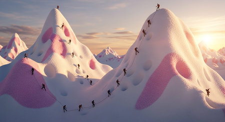 3d illustration of people climbing on the top of a mountain.の素材