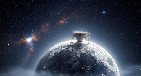 Coffee cup on the background of the planet. Mixed mediaの素材