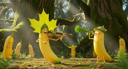 Funny yellow monsters with violin in the forest. 3d illustration.の素材