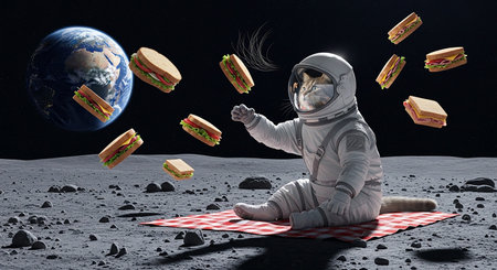 Astronaut in spacesuit eating sandwich. Elements of this image are furnished by NASAの素材