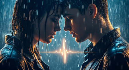 Side view of a loving couple standing under rain and looking at each otherの素材