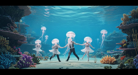 Underwater world with jellyfish. Underwater world with jellyfish and coral reef.の素材