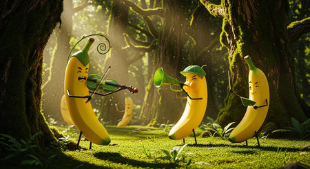 Funny bananas in the forest. Halloween concept. 3D Renderingの素材