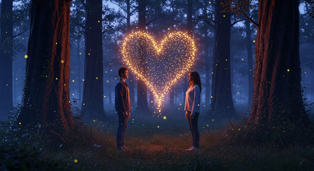 Boy and girl standing in the dark forest with glowing heart shaped lightsの素材