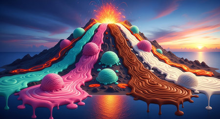 Volcano eruption with lava and lava flow. 3D illustration.の素材