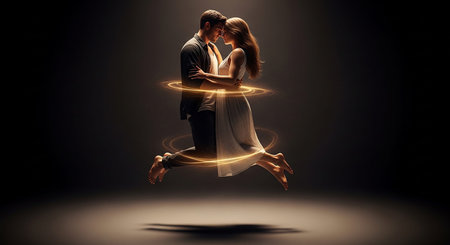 Image of young man and woman dancing on dark background with light effectsの素材