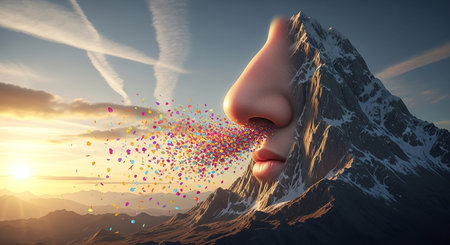 Digital composite of 3D woman face with cloud of hearts against mountainsの素材