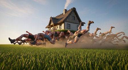 3d render of a group of people running in front of a houseの素材