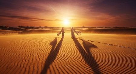 Silhouette of a woman walking in the desert at sunset.の素材