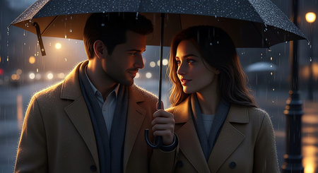 Young couple standing under an umbrella in the rain at night. Mixed mediaの素材